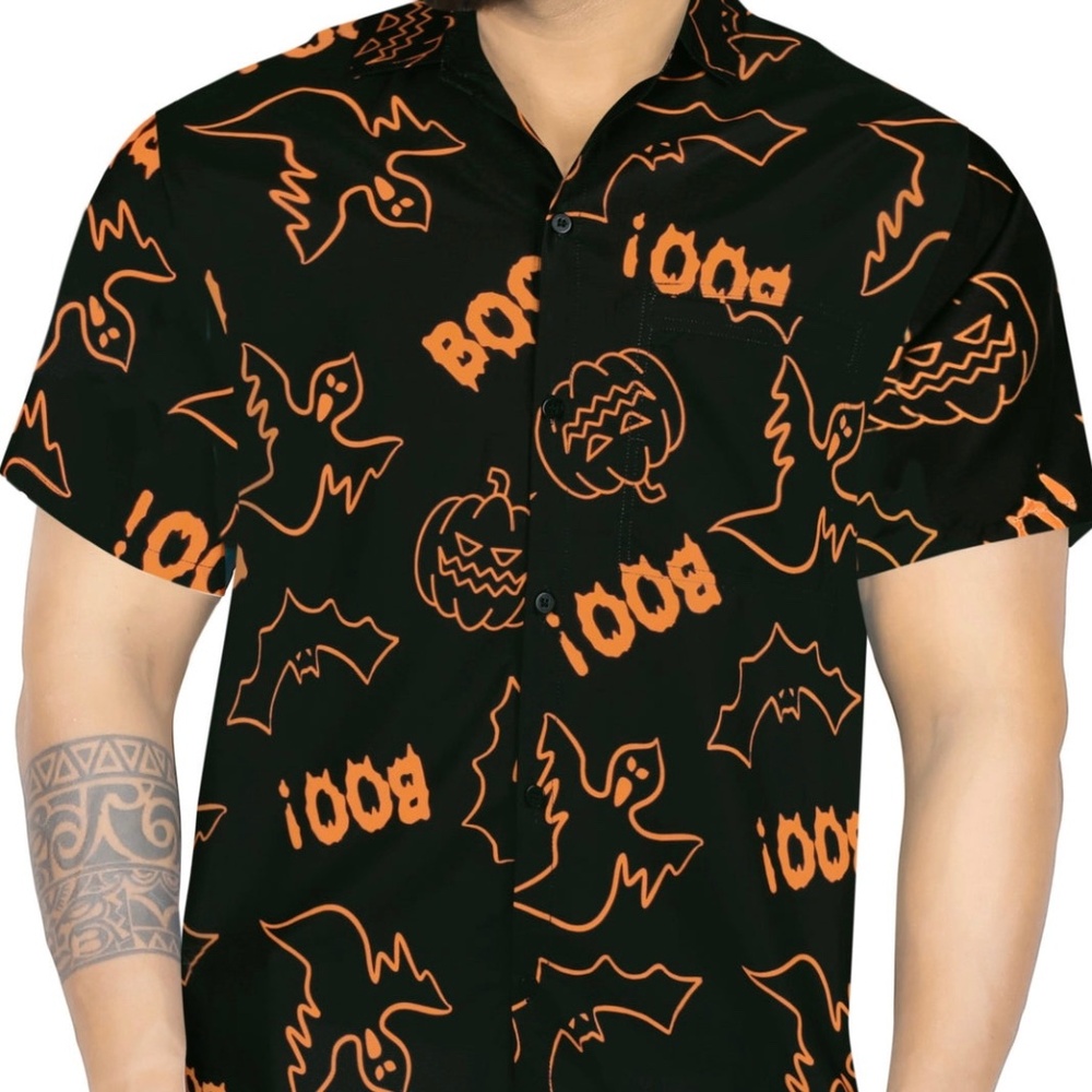NWOT Halloween Men's Scary Pumpkin And BOO Printed Black Shirt Size Medium